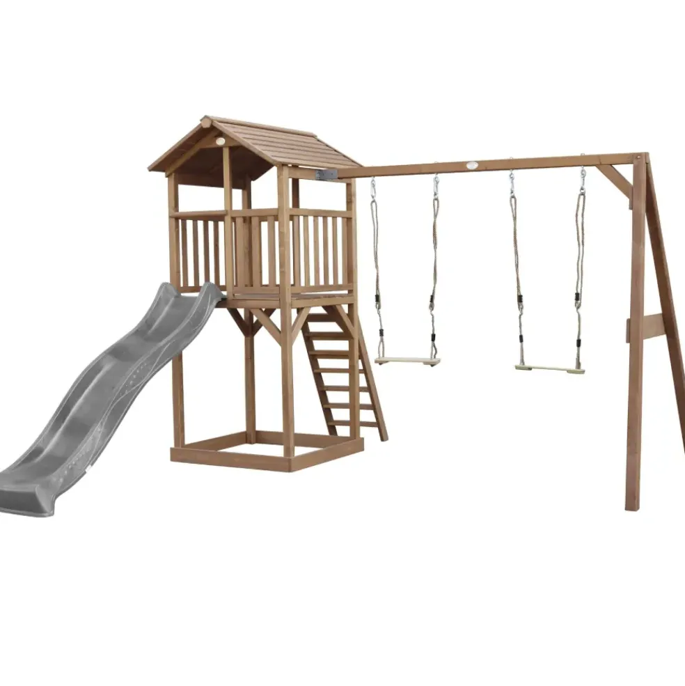 Aire de jeux en bois marron avec 2 balançoires et toboggan bleu Beach Tower Axi