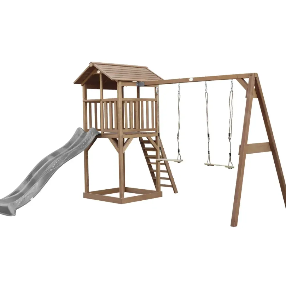 Aire de jeux en bois marron avec 2 balançoires et toboggan bleu Beach Tower Axi