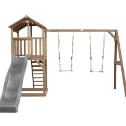 Aire de jeux en bois marron avec 2 balançoires et toboggan bleu Beach Tower Axi