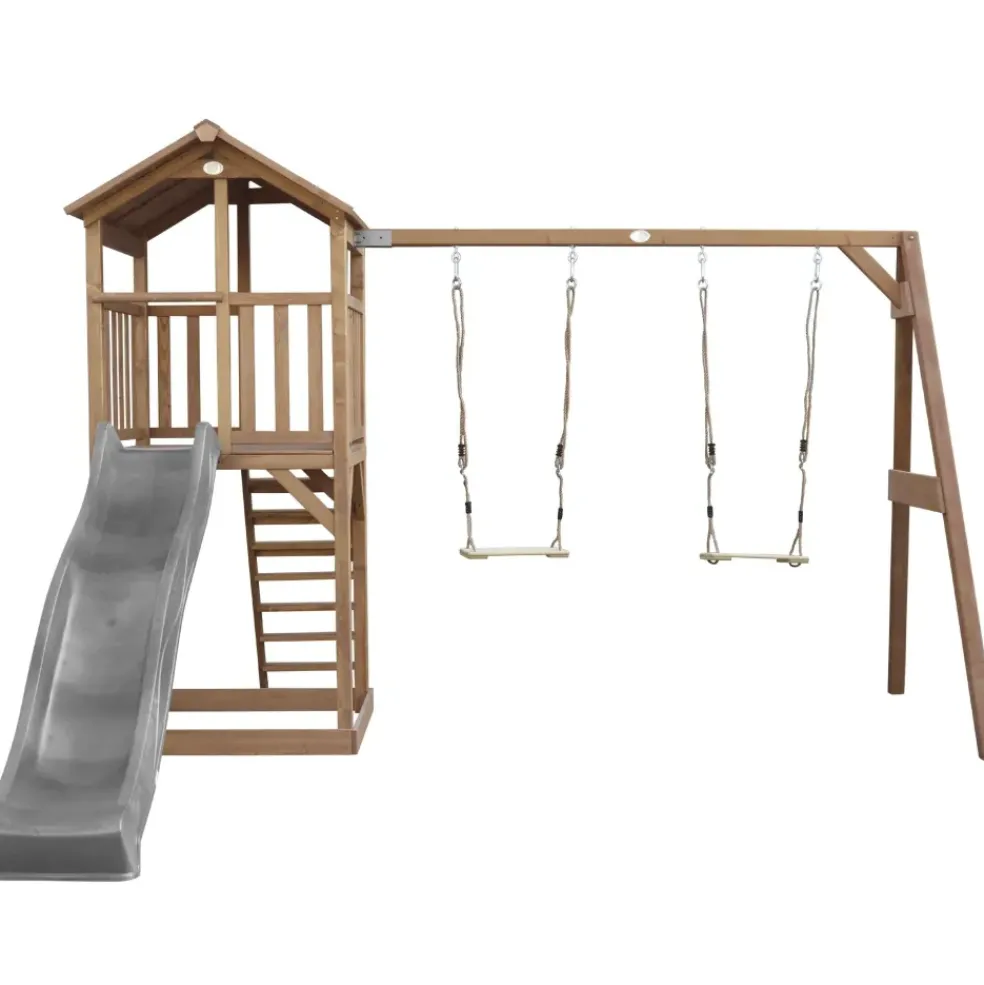 Aire de jeux en bois marron avec 2 balançoires et toboggan bleu Beach Tower Axi