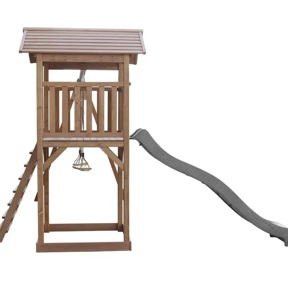 Aire de jeux en bois marron avec 2 balançoires et toboggan bleu Beach Tower Axi