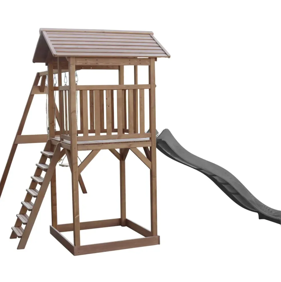 Aire de jeux en bois marron avec 2 balançoires et toboggan bleu Beach Tower Axi