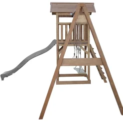 Aire de jeux en bois marron avec 2 balançoires et toboggan bleu Beach Tower Axi