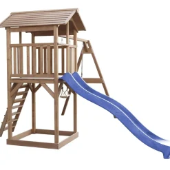 Aire de jeux en bois marron avec 2 balançoires et toboggan bleu Beach Tower Axi