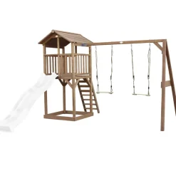 Aire de jeux en bois marron avec 2 balançoires et toboggan bleu Beach Tower Axi