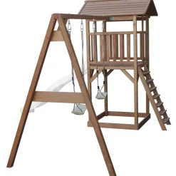 Aire de jeux en bois marron avec 2 balançoires et toboggan bleu Beach Tower Axi