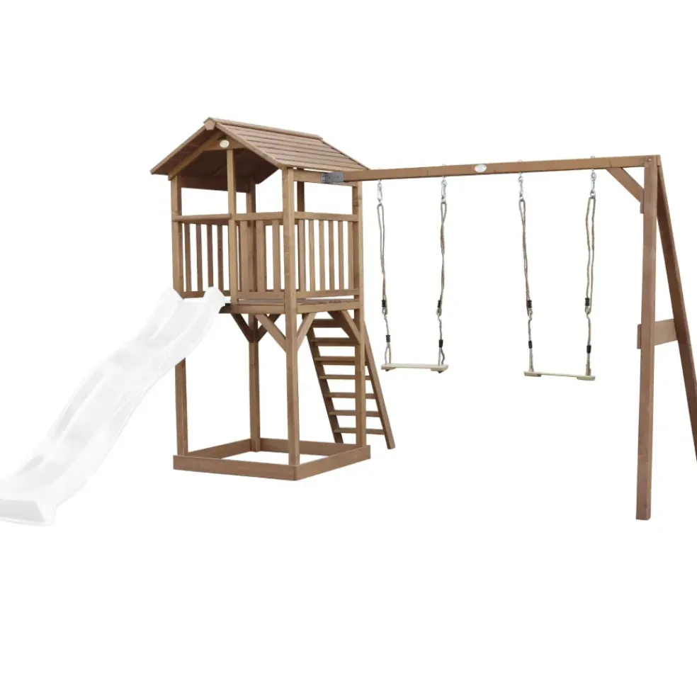 Aire de jeux en bois marron avec 2 balançoires et toboggan bleu Beach Tower Axi