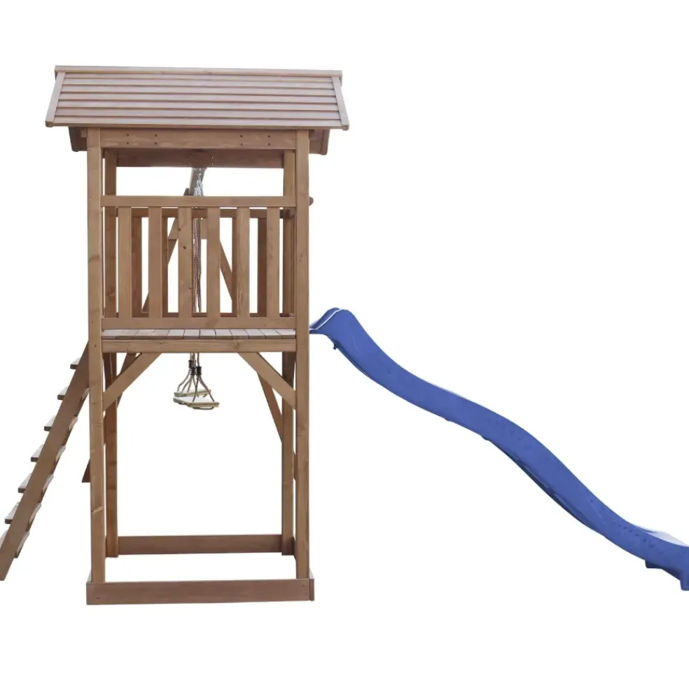 Aire de jeux en bois marron avec 2 balançoires et toboggan bleu Beach Tower Axi