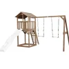 Aire de jeux en bois marron avec 2 balançoires et toboggan blanc Beach Tower Axi
