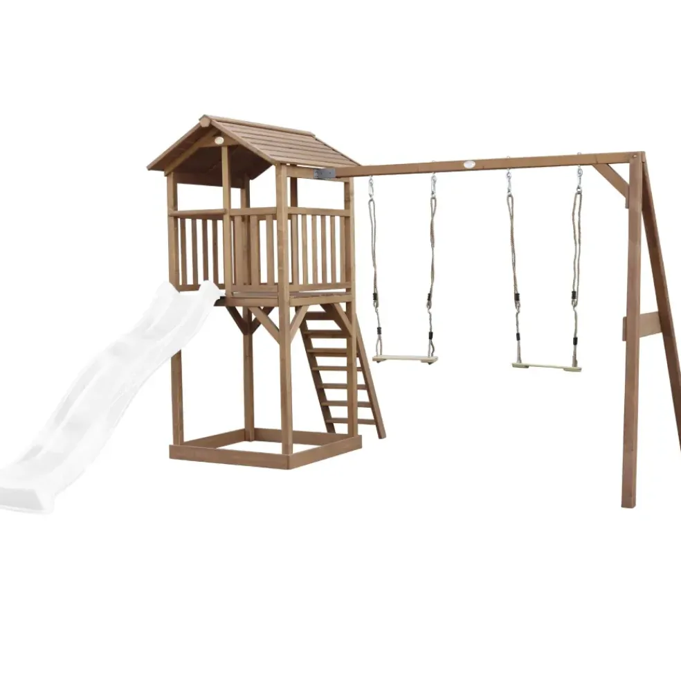 Aire de jeux en bois marron avec 2 balançoires et toboggan blanc Beach Tower Axi
