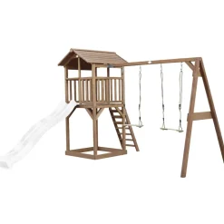 Aire de jeux en bois marron avec 2 balançoires et toboggan blanc Beach Tower Axi