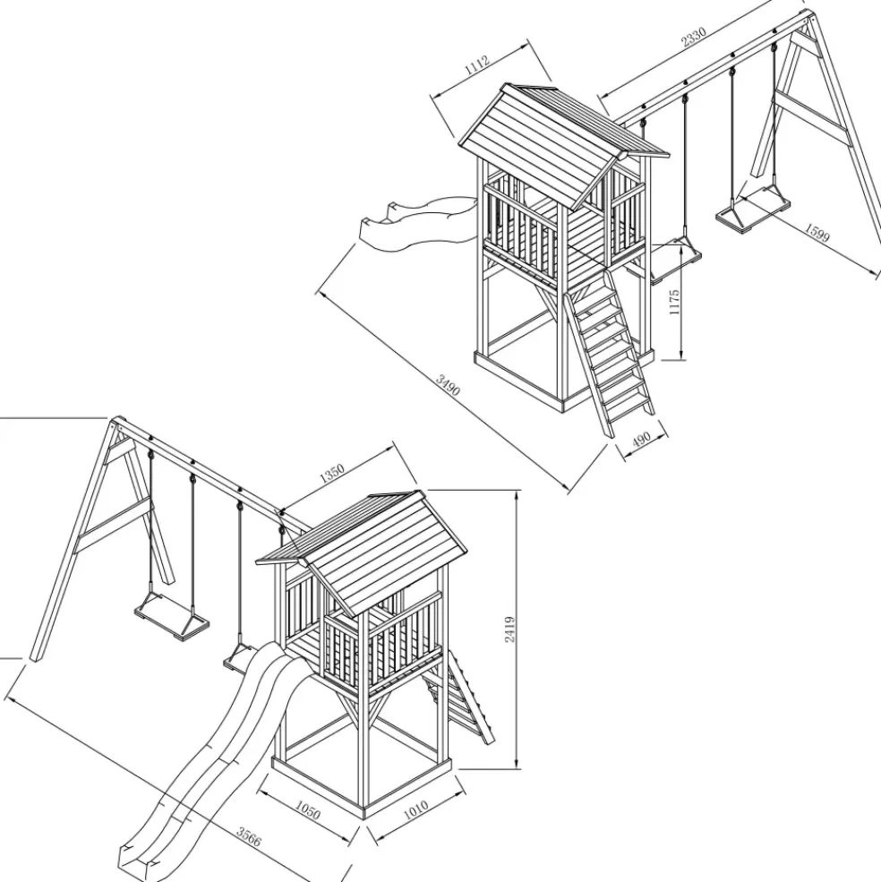 Aire de jeux en bois marron avec 2 balançoires et toboggan blanc Beach Tower Axi