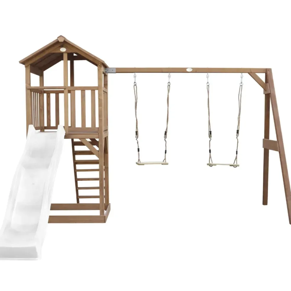 Aire de jeux en bois marron avec 2 balançoires et toboggan blanc Beach Tower Axi