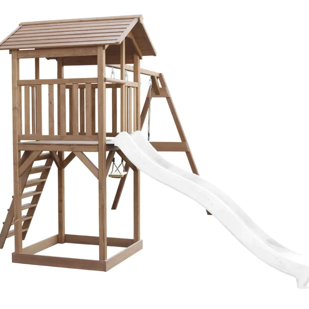Aire de jeux en bois marron avec 2 balançoires et toboggan blanc Beach Tower Axi