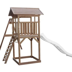Aire de jeux en bois marron avec 2 balançoires et toboggan blanc Beach Tower Axi