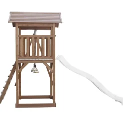 Aire de jeux en bois marron avec 2 balançoires et toboggan blanc Beach Tower Axi