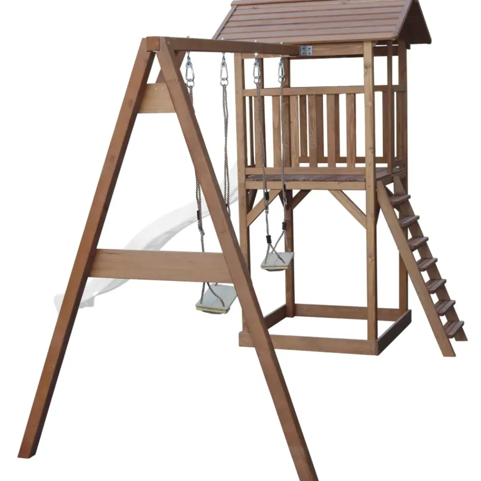 Aire de jeux en bois marron avec 2 balançoires et toboggan blanc Beach Tower Axi
