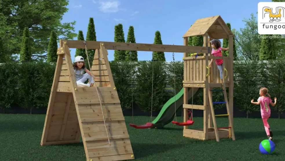 Aire de jeux Fleppi en bois avec toboggan et 2 balançoires de Fungoo
