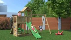 Aire de jeux Floppi en bois avec une table et 2 balançoires de Fungoo