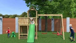 Aire de jeux Floppi en bois avec une table et 2 balançoires de Fungoo