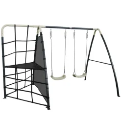 Balançoire double avec mur d'escalade en métal anthracite et crème Axi