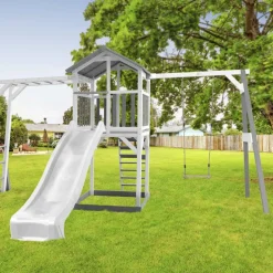 Beach Tower avec échelle de singe, 1 balançoire en bois et toboggan bleu