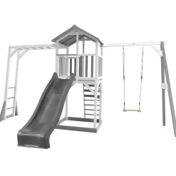Beach Tower avec échelle de singe, 1 balançoire en bois et toboggan bleu