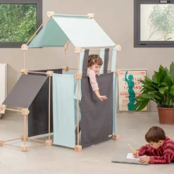 Jeu de construction géant en bois et tissu bleu bio fabriqué en Espagne Family Trigonos