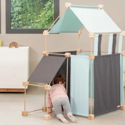 Jeu de construction géant en bois et tissu bleu bio fabriqué en Espagne Family Trigonos