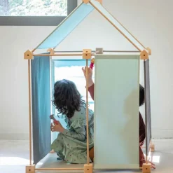 Jeu de construction géant en bois et tissu bleu bio fabriqué en Espagne Kernel Trigonos