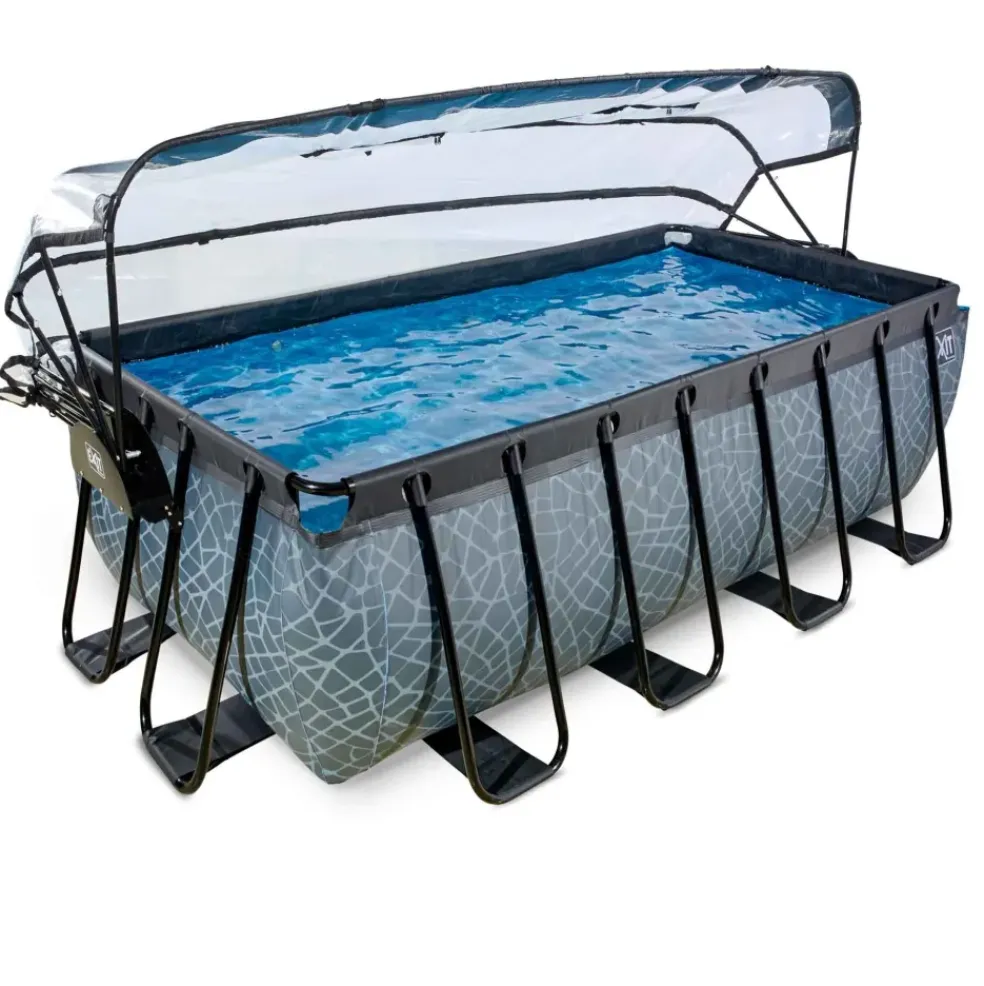 Piscine grise 400x200x122 cm avec dôme et pompe filtrante sable EXIT