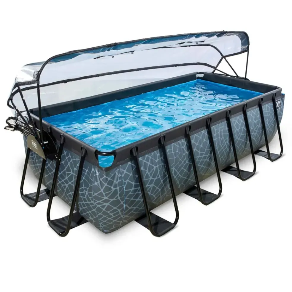 Piscine hors sol grise 400x200x100cm + dôme, pompe à chaleur EXIT