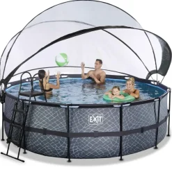Piscine hors sol ronde grise 427x122cm + dôme et pompe à chaleur EXIT