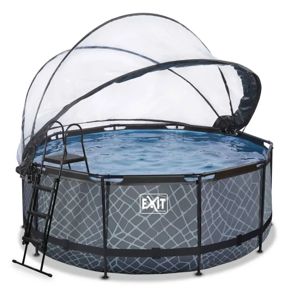 Piscine ronde grise 360x122cm + dôme et pompe filtrante sable EXIT
