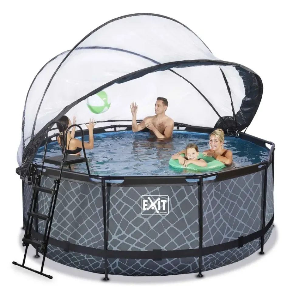 Piscine ronde grise 360x122cm + dôme et pompe filtrante sable EXIT