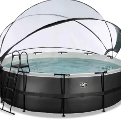 Piscine ronde grise 488x122cm avec dôme et pompe filtrante sable EXIT