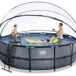 Piscine ronde grise 488x122cm avec dôme et pompe filtrante sable EXIT