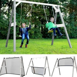 Portique en bois 2 balançoires et filet de but de foot 4-en-1 SportsFun AXI