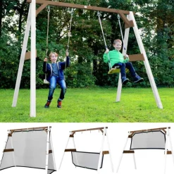 Portique en bois 2 balançoires et filet de but de foot 4-en-1 SportsFun AXI