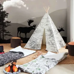 Tente tipi noir et blanc imprimé carte du monde Sunny