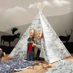 Tente tipi noir et blanc imprimé carte du monde Sunny