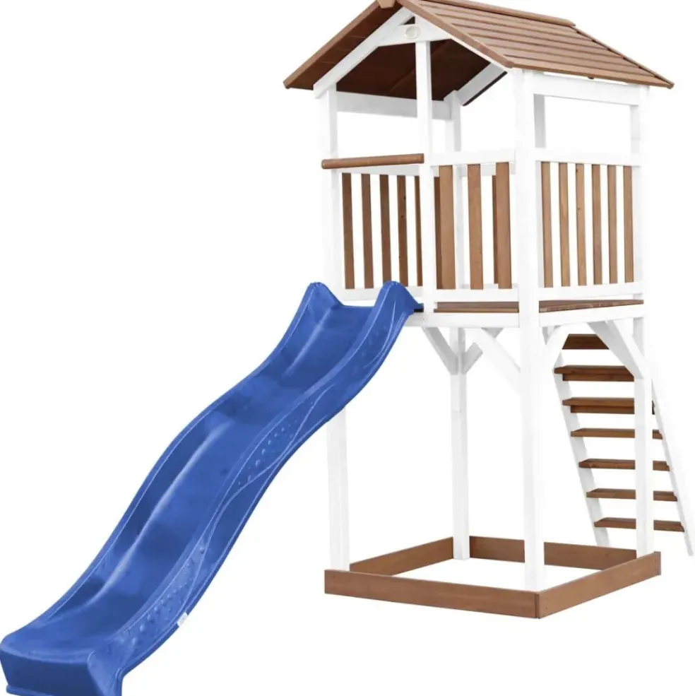 Tour de jeu en bois blanc et marron avec grand toboggan Beach Tower Axi