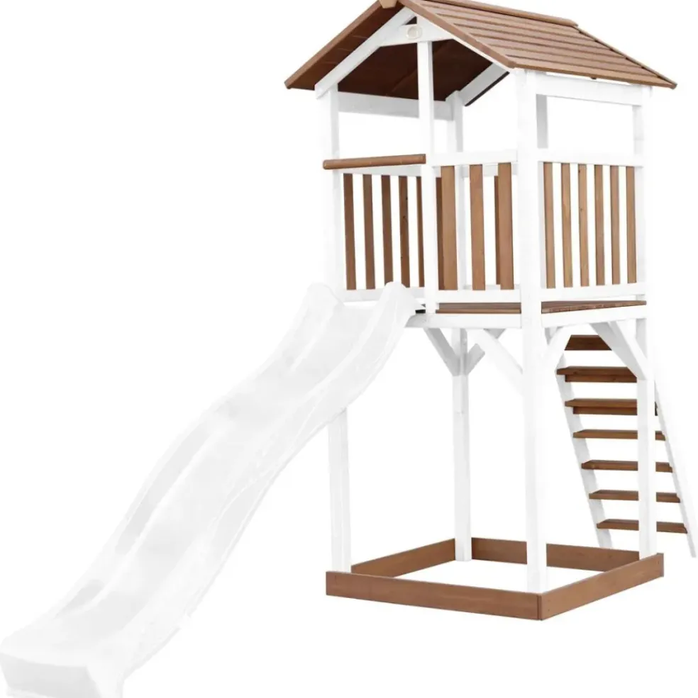 Tour de jeu en bois blanc et marron avec grand toboggan Beach Tower Axi