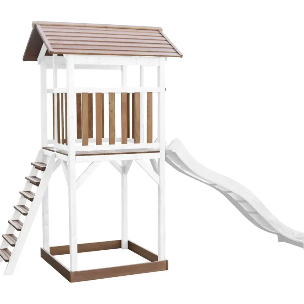 Tour de jeu en bois blanc et marron avec grand toboggan Beach Tower Axi