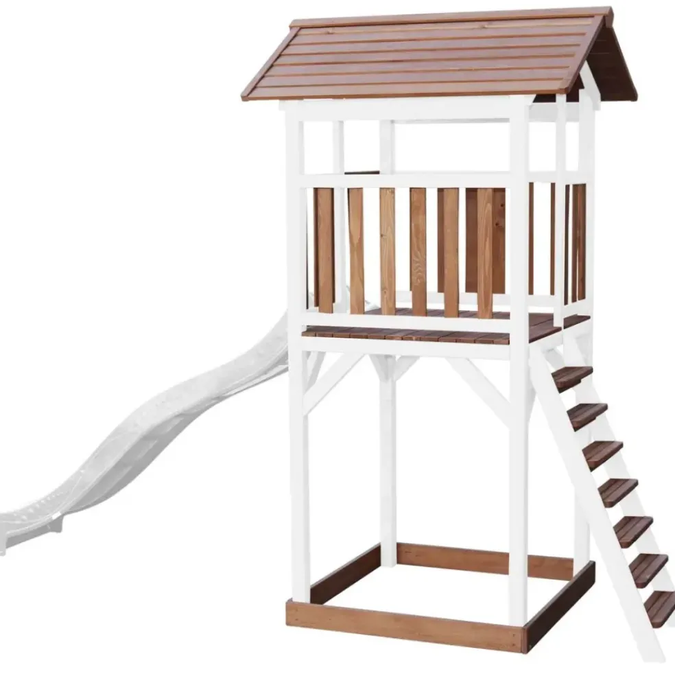 Tour de jeu en bois blanc et marron avec grand toboggan Beach Tower Axi