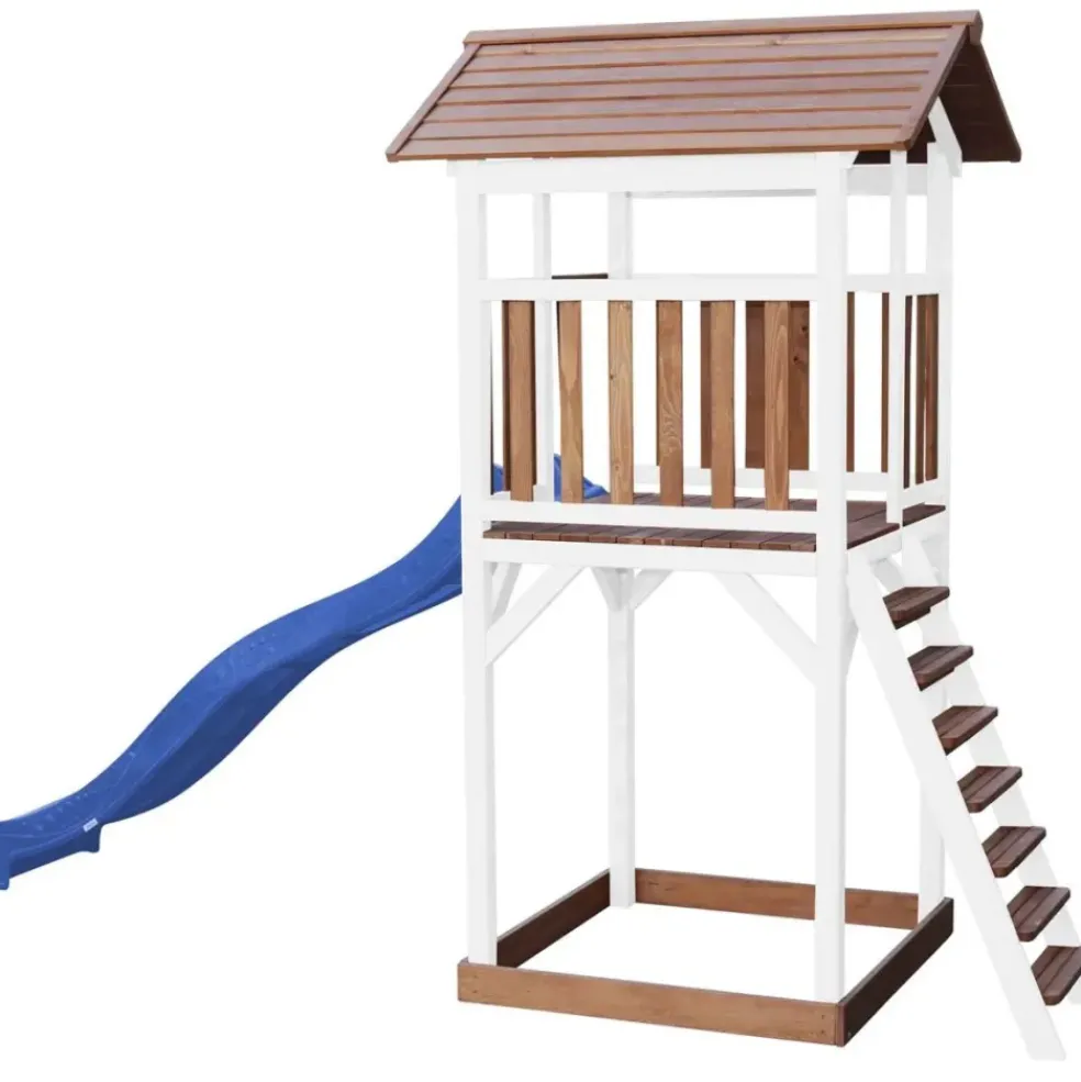 Tour de jeu en bois blanc et marron avec grand toboggan Beach Tower Axi