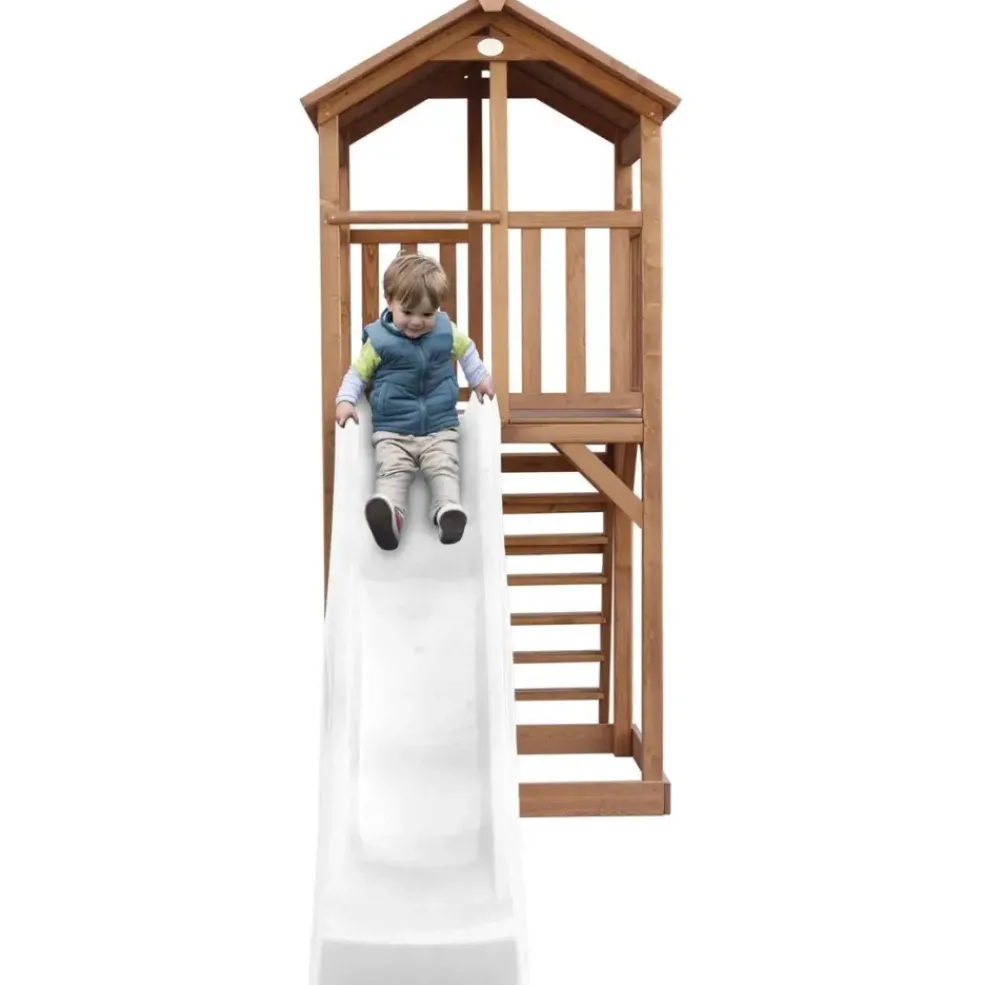 Tour de jeu en bois marron avec grand toboggan Beach Tower Axi