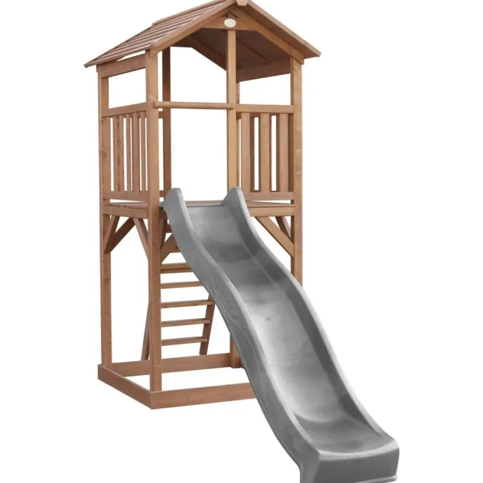 Tour de jeu en bois marron avec grand toboggan Beach Tower Axi