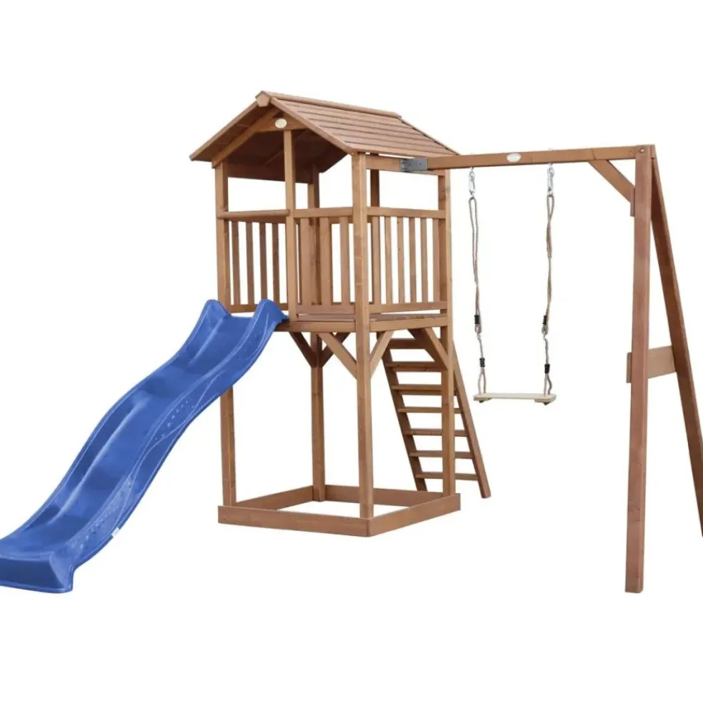 Tour de jeu en bois marron avec grand toboggan et 1 banaçoire Beach Tower Axi