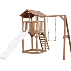 Tour de jeu en bois marron avec grand toboggan et 1 banaçoire Beach Tower Axi